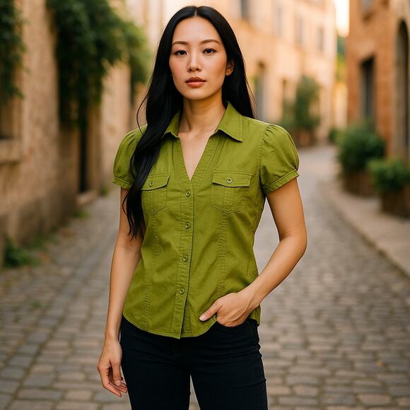 Vintage Y2K 2000s IZ Byer Green Button Up Collared Short Sleeve Top Large - Picture 1 of 7